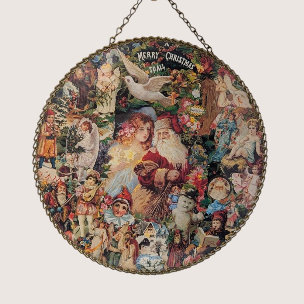 Vintage Victorian Christmas Wall Hanging | Round Holiday Collage Plaque